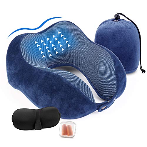 Aidodo Almohada de Viaje Espuma de Memoria Almohada de Cojín Terapéutica del Cuello Soporte en Forma U con Dormir Gafas y Tapones para los oídos para Avión Coche Tren Oficina Utilizar Azul