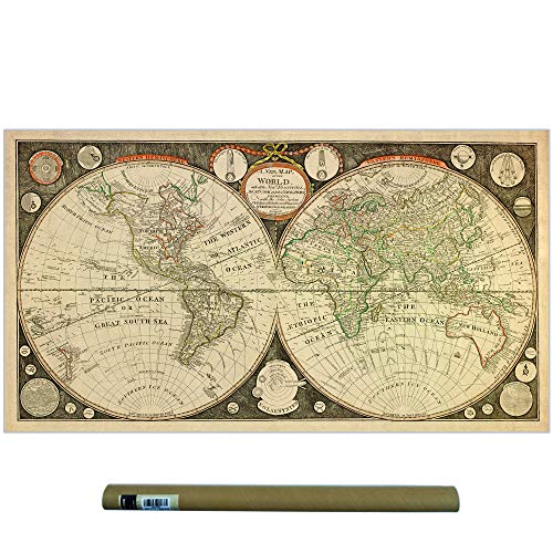 Dekali Designs Póster Vintage del Mapa del Mundo de Capitán Cook 1799 (61 x 107 cm) – Ligera Lienzo / Tela Arte de Pared / Old Decor / Mapas Antiguos / Colgar en la Pared