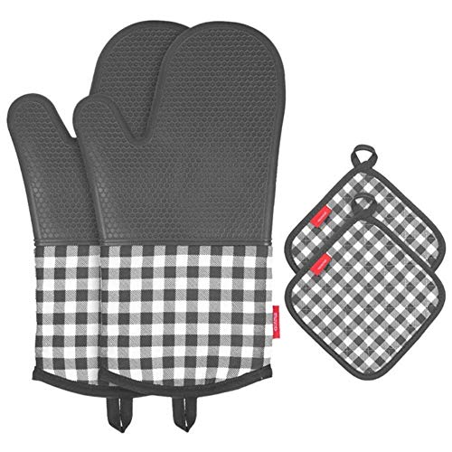 esonmus Guantes Horno Manoplas de Horno Guantes de Silicona para Horno Antideslizante un par + 2 Manteles Individuales Aislados para Cocinar Barbacoa