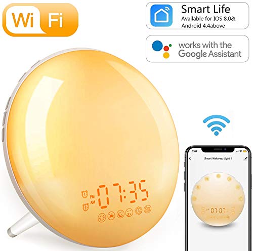 Wake Up Light Despertador Luz Inteligente - 2020 Upgrade Smart Despertadores Wifi Control de Alexa Echo y Google Home,Simulación de Amanecer y Anochecer, 7 Luces de Colores/4 Alarmas/Radio FM