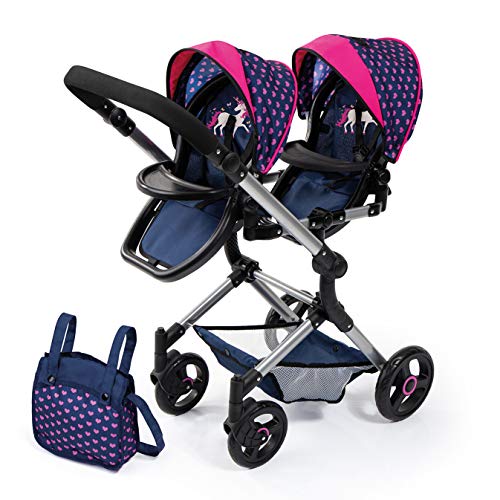 Bayer Design Cochecito de Muñeca Gemelas, Carrito Paseo para muñecos, Ajustable en Altura, Plegable, con la Bolsa de Bandolera, Compatible con Silla de Coche EasyGo, Azul con Unicornio y Corazones