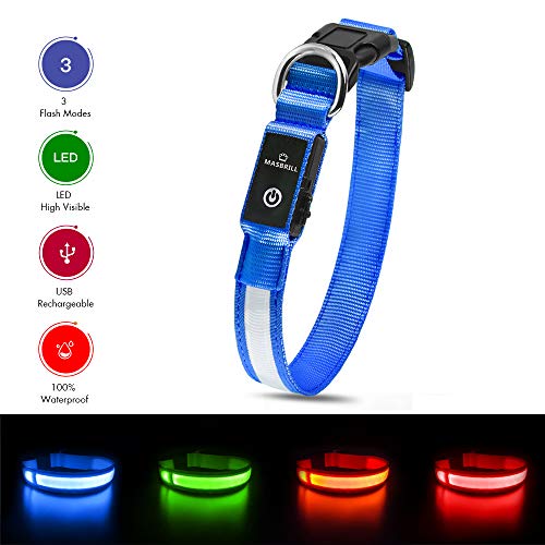 MASBRILL Collar Luminoso Perro de Mascota, 3 Modos Collar Perro Luz con Recargable y Impermeable, Ajustable Collares LED para Perros Pequeños/Medianos/Grandes(Azul S)