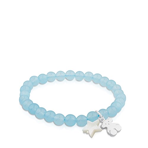 TOUS Pulsera azúl elástica con calcedonias de 0,6 cm, oso y estrella en Plata de Primera Ley, Diámetro 16,5 cm