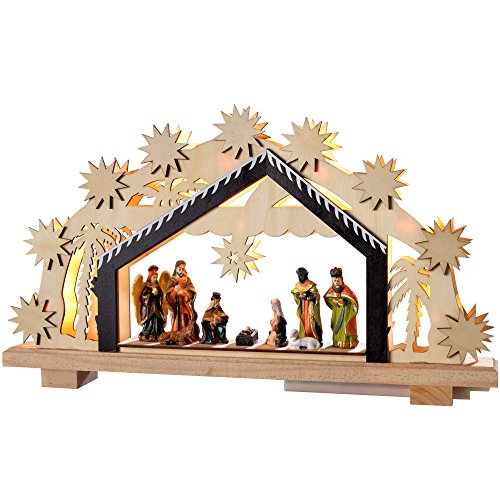 WeRChristmas – Figura Decorativa navideña (24 cm Portal de Belén de Madera, con iluminación de 8 LED de Color Blanco cálido