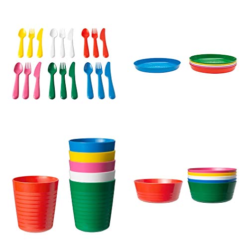 Ikea - Cubertería Kalas de plástico para niños, juego de 36 piezas, 6 cuchillos, 6 tenedores, 6 cucharas, 6 cuencos, 6 platos y 6 tazas