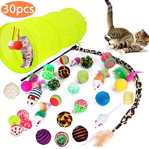 MEISHANG Juguetes Gatos Pack,Juguetes para Gatos Pequeños, Gatos Juguetes Palo,Juguetes Gatos Tunel,Juguetes para Gatos Plumas,Set de Juguetes para Gatos