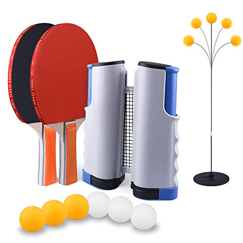 SUPERSUN Set de Ping Pong, 2 Raquetas de Tenis de Mesa | 6 Pelotas de Ping Pong | 1 Entrenadorde de Tenis de Mesa | 1 Retráctil Mesa Ping Pong Profesional Portátil para Juegos de Interior y Exterior