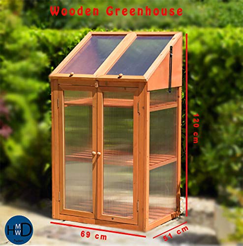 HMWD - Mini Invernadero de Madera con Doble Puerta (acristalamiento de policarbonato, 120 x 69 x 51 cm)