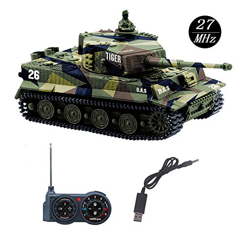 YouCute Mini RC Tank con Cable Cargador USB Control Remoto Tanque Panzer 1:72 German Tiger I con Sonido, torreta giratoria y acción de Retroceso Cuando lmanuale Italiano (Verde)