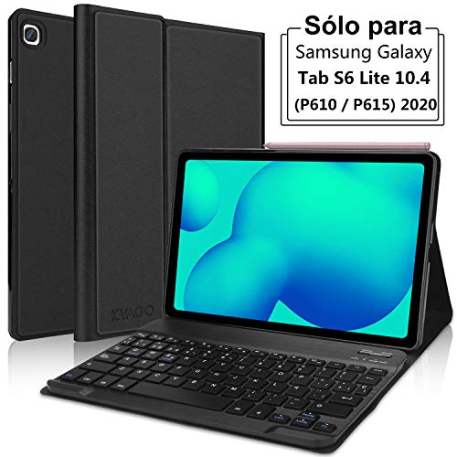 KVAGO Funda con Teclado para Samsung Galaxy Tab S6 Lite 10.4 Pulgadas 2020 SM-P610/ P615 Tablets,Diseño en Español Ñ con Teclado Bluetooth Inalámbrico,Carcasa con Auto-Sueño/Estela,Negro