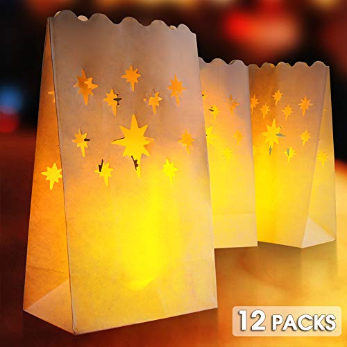 PChero 12 Piezas Bolsas de Velas de Luminaria Resistentes a las llamas Blancas con Diseño de Estrella Decoración para Cumpleaños, Fiesta de Bodas, Navideña, Halloween