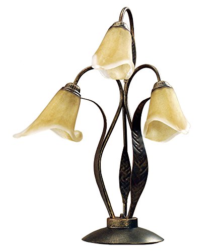 ONLI - Lámpara de mesa Alga 3 x E14. Metal Marrón spennelato dorado, tulipa de cristal mate con interior translúcido ámbar. Estilo clásico, tradicional. Ideal para dormitorio de cama, salón