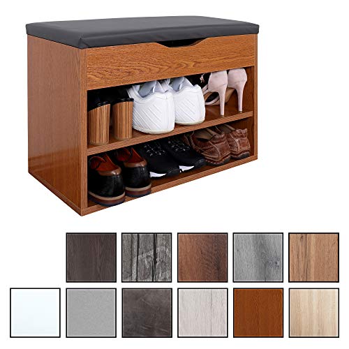 RICOO WM032-ER-A, Banco Zapatero, 60x42x30cm, Armario Interior con Asiento, Organizador Zapatos, Mueble recibidor, Perchero, Madera Roble rústico