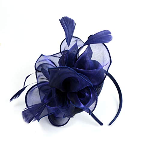 Tocado de malla con plumas y velo de rejilla, tocado para fiestas, sombreros de Ascot, sombreros de flores para las carreras de caballos con pinza y diadema para mujer Azul G1-azul oscuro L