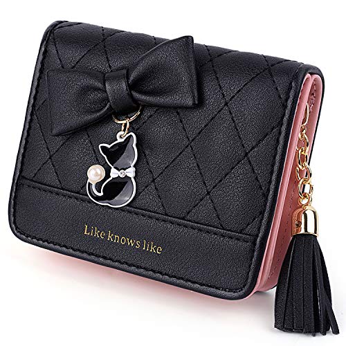 UTO Carteras Pequeñas Mujer PU Cuero Monedas Tarjeta Monedero Billetera con Cremallera y Borla Adornos de Gatito Nuevo Negro UTO Carteras Pequeñas Mujer PU Cuero Monedas Tarjeta Monedero Billetera con Cremallera y Borla Adornos de Gatito Nuevo Negro