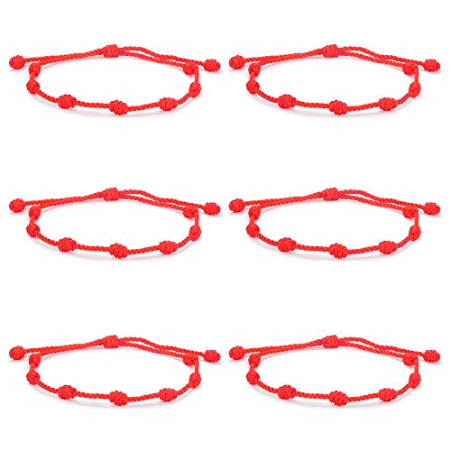 Adramata 6Pcs Pulsera de Cuentas de Cobre Tibetano Pulsera de Nudo Afortunado Budista Hecho a Mano con Cordón Rojo Ajustable para Mujeres Hombres