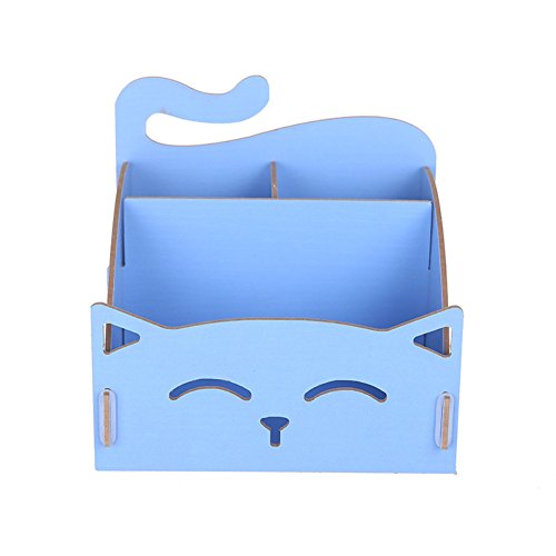 Caja de almacenaje – sukisuki Cute Cat hueca forma de madera DIY organizador de escritorio para oficina pluma joyas cosméticos, azul, talla única