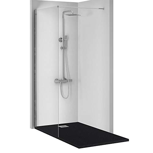Conjunto de 3 PIEZAS: Plato de ducha de resina 140x75 Negro+ Panel fijo de cristal 90 cms+ Conjunto de ducha termostatico