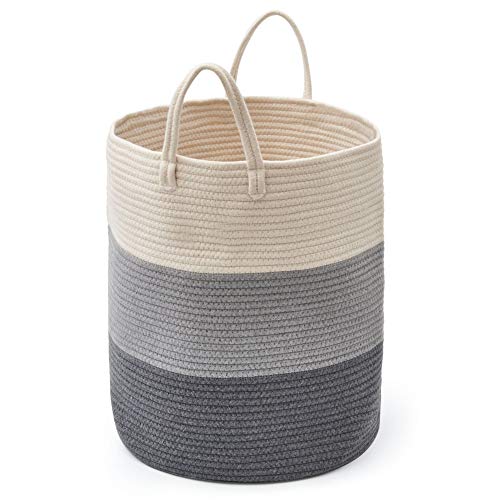 EZOWare Cesta Grande de Cuerda Algodón, Cesta para la Colada con Asas para Almacenamiento de Ropa Sucia, Juguetes, Ropa Sucia, Mantas, Almohada - Color Gris Degradado, 38 x 46 cm