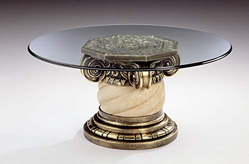 Mesa de Centro | Redonda | Estilo Clásico | Medida 100 diam. X 48 cm. | Julia | Acabados en Piedra Decorada a Mano | Detalles en Baño Metálico Cuero| Cristal 10 mm Grosor Mesa de Centro | Redonda | Estilo Clásico | Medida 100 diam. X 48 cm. | Julia | Acabados en Piedra Decorada a Mano | Detalles en Baño Metálico Cuero| Cristal 10 mm Grosor