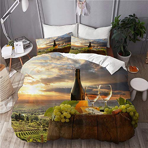 XINGAKA Funda nórdica Estampada,Finca rústica Rural Queso y Vino de UVA en viñedo Sol Fotografía Natural,Conjunto de Ropa de Cama de poliéster de 3 Piezas 135 * 200cm XINGAKA Funda nórdica Estampada,Finca rústica Rural Queso y Vino de UVA en viñedo Sol Fotografía Natural,Conjunto de Ropa de Cama de poliéster de 3 Piezas 135 * 200cm