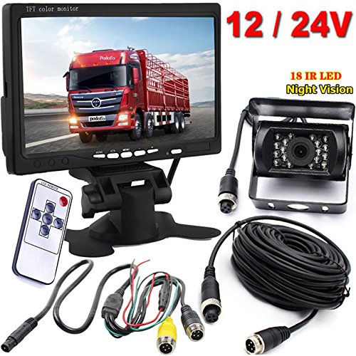 Cámara trasera para vehículo, 4 pines, 12-24 V, 18 LED, IR, visión nocturna, cable de 15 m y pantalla TFT LCD HD de 7 pulgadas Cámara trasera para vehículo, 4 pines, 12-24 V, 18 LED, IR, visión nocturna, cable de 15 m y pantalla TFT LCD HD de 7 pulgadas