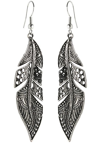 2LIVEfor - Pendientes largos de pluma, color negro, pendientes colgantes de plata, largos con piedras de estilo antiguo, forma de gota, pendientes de plata antigua, plumas negras, alas