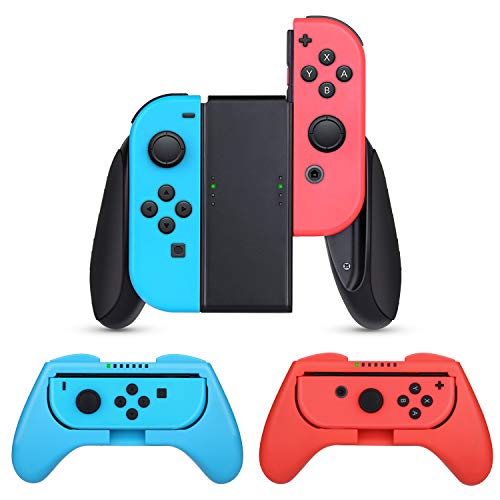 HEYSTOP Nintendo Switch Joy-con Grips (3 Piezas), Estuche Protector Handle Kits para Mandos JoyCon Set de Nintendo Switch Controller,Rojo & Azul