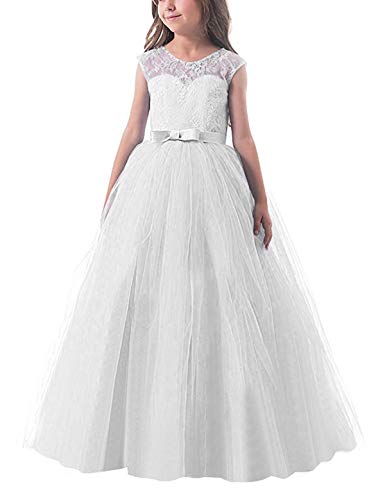 NNJXD Vestido de Fiesta de Tul de Encaje Falda de Princesa para Niñas Talla (160) 10-11 Años Blanco