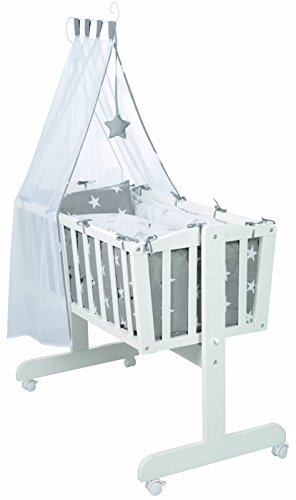 Juego de moises completo roba en diseño 'Little Stars' (40x90cm), moises en madera lacada en blanco, cuna balancin con función de bloqueo, equipada con vestiduras (80x80cm) Juego de moises completo roba en diseño 'Little Stars' (40x90cm), moises en madera lacada en blanco, cuna balancin con función de bloqueo, equipada con vestiduras (80x80cm)