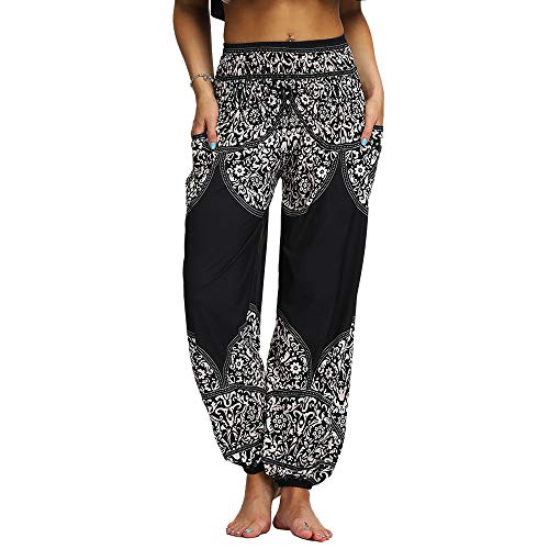 Nuofengkudu Mujer Hippies Pantalones Harem Tailandeses Boho Estampados Bolsillos Cintura Alta Baggy Yoga Pants Verano Playa Fiesta (Negro C,Talla única)