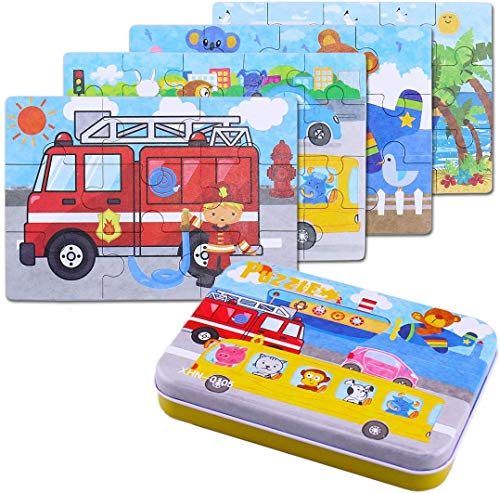 BBLIKE Jigsaw Wooden Puzzles Toy in a Box for Kids, Pack of 4 with Varying Degree of Difficulty Educational Learning Tool Best Birthday Present for Boys Girls (Serie Transporte)