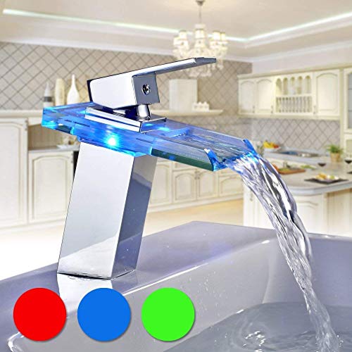 BONADE Grifo de Lavabo con Iluminación LED RGB para Baño Cascada Monomando Mezclador Latón y Cristal, Griferia Agua Fría y Agua Caliente BONADE Grifo de Lavabo con Iluminación LED RGB para Baño Cascada Monomando Mezclador Latón y Cristal, Griferia Agua Fría y Agua Caliente
