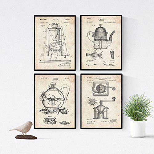 Nacnic Vintage - Pack de 4 Láminas con Patentes de Cafeteras. Set de Posters con inventos y Patentes Antiguas. Elije el Color Que Más te guste. Impreso en Papel de 250 Gramos