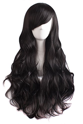 MapofBeauty 70cm/ 28 pulgada Onda larga peluca de pelo rizado completo para la Mujer larga Pelucas (negro)
