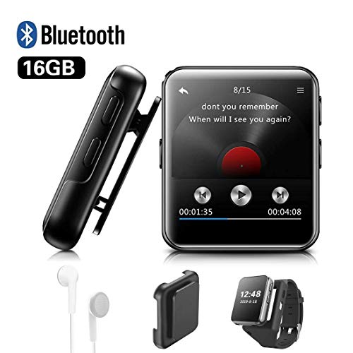 MP3 BENJIE 16GB MP3 Bluetooth 1.5" Reproductor de MP3 Pantalla Táctil Completa HiFi Sin Pérdida de Sonido MP3 Running, FM Radio, Grabadora de Voz con Auriculares para Amantes del Deporte y la Música