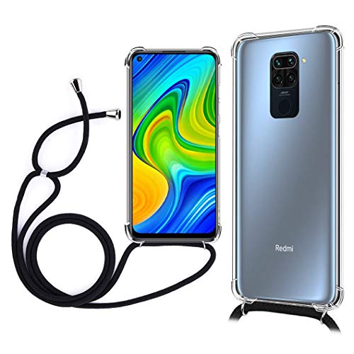 Oududianzi All Do Funda para Xiaomi Redmi Note 9, Cubrir con un Cordón práctico, Tope de Silicona Suave Transparente TPU + PC Duro de Nuevo Carcasa-Cordón Negro