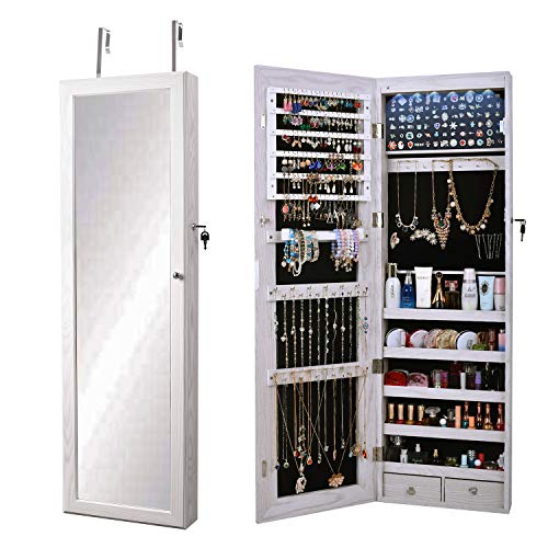 sogesfurniture Espejo Joyero, Armario para Joyas, Montura para Puerta Joyero Pared Espejo con Gabinete con Luces LED, Lacado Blanco y Terciopelo Negro Interior, BHEU-QH-7025