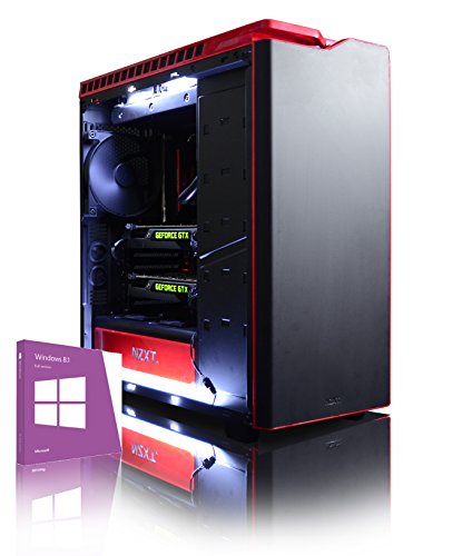 VIBOX Legend 11 Gaming PC con Juegos War Thunder, 4.4 GHz Intel i7 Quad Core procesador, 2 x 500 GB SSD, NVIDIA GeForce GTX 980 Ti SLI Tarjeta gráfica, 3TB HDD, 16 GB RAM, Case NZXT H440, Negro/Rojo