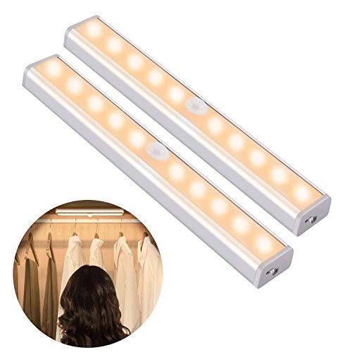 OUSFOT Luz Armario con Sensor de Movimiento Luz Sensor para Armario USB Recargable LED Armario con 2 Tiras Magnéticas pegadas Lámpara Nocturna Ideal para Amario Garaje Gabinete Escalera(2 pack)