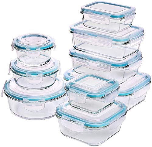 Recipiente - Contenedor de Almacenamiento de Alimentos de Vidrio - 18 piezas (9 envases + 9 tapas) Tapas transparentes - Sin BPA - Para la Cocina o el Restaurante de Uso Doméstico – por KICHLY