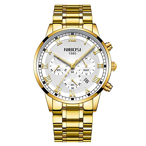 Relojes Hombre Cronógrafo Reloj de Pulsera Calendario Números Romanos con Correa de Acero Inoxidable, Oro Blanco Relojes Hombre Cronógrafo Reloj de Pulsera Calendario Números Romanos con Correa de Acero Inoxidable, Oro Blanco