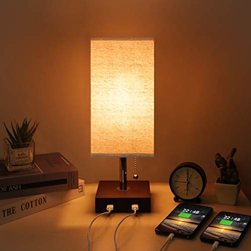 Kakanuo Lámpara de mesita de noche USB, lámpara de mesa moderna de madera maciza con 2 puertos USB e interruptor de tirar, pantalla de tela beige lámpara de escritorio para dormitorio u oficina