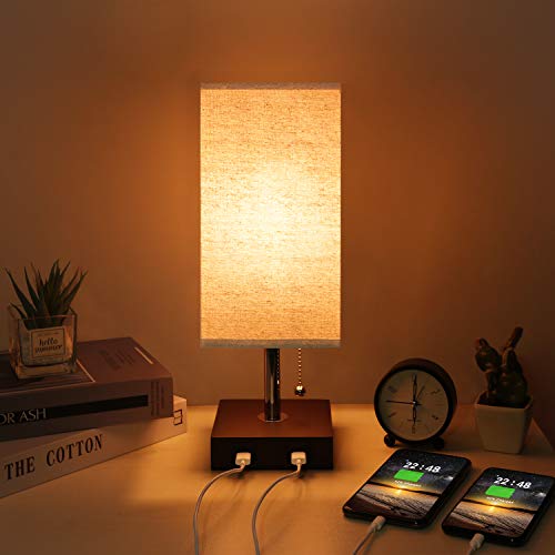 Kakanuo Lámpara de mesita de noche USB, lámpara de mesa moderna de madera maciza con 2 puertos USB e interruptor de tirar, pantalla de tela beige lámpara de escritorio para dormitorio u oficina Kakanuo Lámpara de mesita de noche USB, lámpara de mesa moderna de madera maciza con 2 puertos USB e interruptor de tirar, pantalla de tela beige lámpara de escritorio para dormitorio u oficina