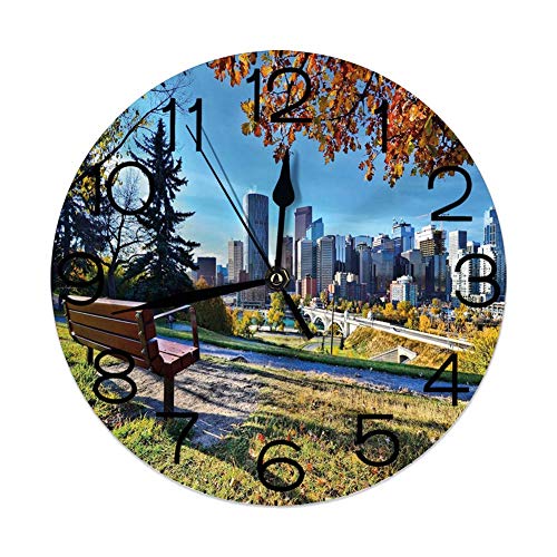 Reloj de Pared Redondo Decorativo, Banco del Parque con Vistas al Horizonte de Calgary Alberta Durante el otoño Tranquilo Urbano