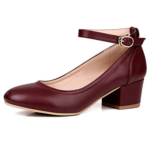 Robasiom - Zapatos estilo Mary Jane o para oficina, de tacón bajo y grueso para mujer, con una correa cómoda en el tobillo, color Rojo, talla 38 EU Robasiom - Zapatos estilo Mary Jane o para oficina, de tacón bajo y grueso para mujer, con una correa cómoda en el tobillo, color Rojo, talla 38 EU