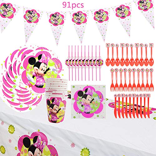 Set de fiesta de cumpleaños de Minnie WENTS 91PCS Disney Minnie Mouse Party Decoration Set Platos Tazas Servilletas Pack de fiesta reciclable Minnie Mantel Sirve para 10 Invitados