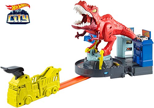 Hot Wheels City Alboroto del dinosaurio T-Rex, pistas de coches de juguete (Mattel GFH88)