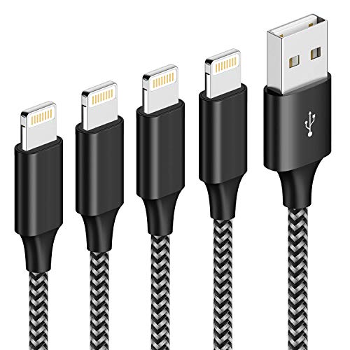 ZKAPOR Cable iPhone Cable Lightning [4Pack 0.3M 1M 2M 3M] Cargador iPhone Carga Rápida Trenzado de Nylon Compatible con Apple iPhone 11 Pro XS MAX XR X 8 Plus 7 Plus 6S 6 Plus 5 5S 5C SE, iPad-Negro