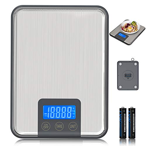 ADORIC 15kg/33lbs,Báscula de Cocina 15kg con Pantalla LCD para Cocina de Acero Inoxidable, Balanza de Alimentos Multifuncional,Color Plata,(2 Baterías Incluidas)